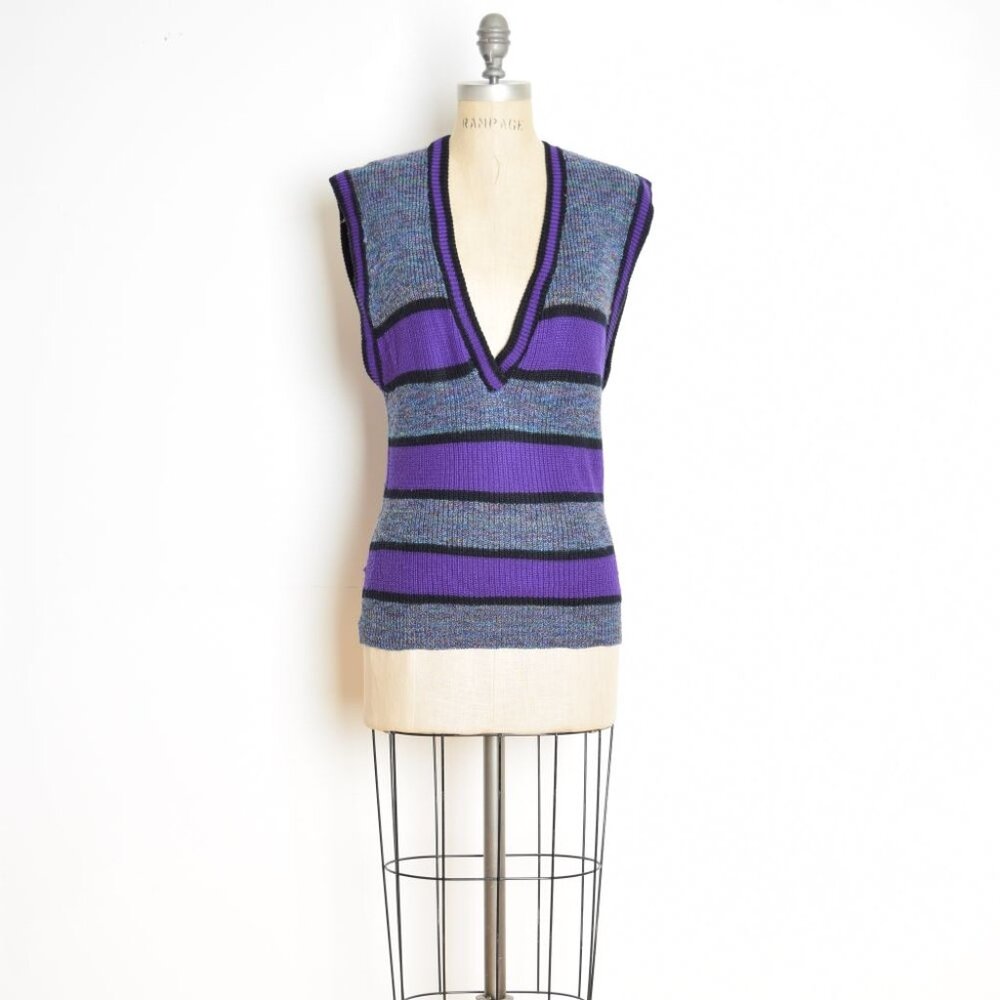 vintage 80s sweater vest purple gray striped deep V sleeveless preppy top M